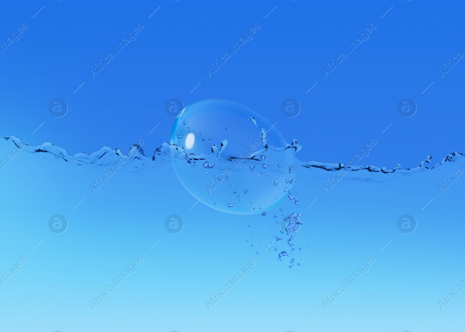 Image of Contact lens falling into solution on blue background