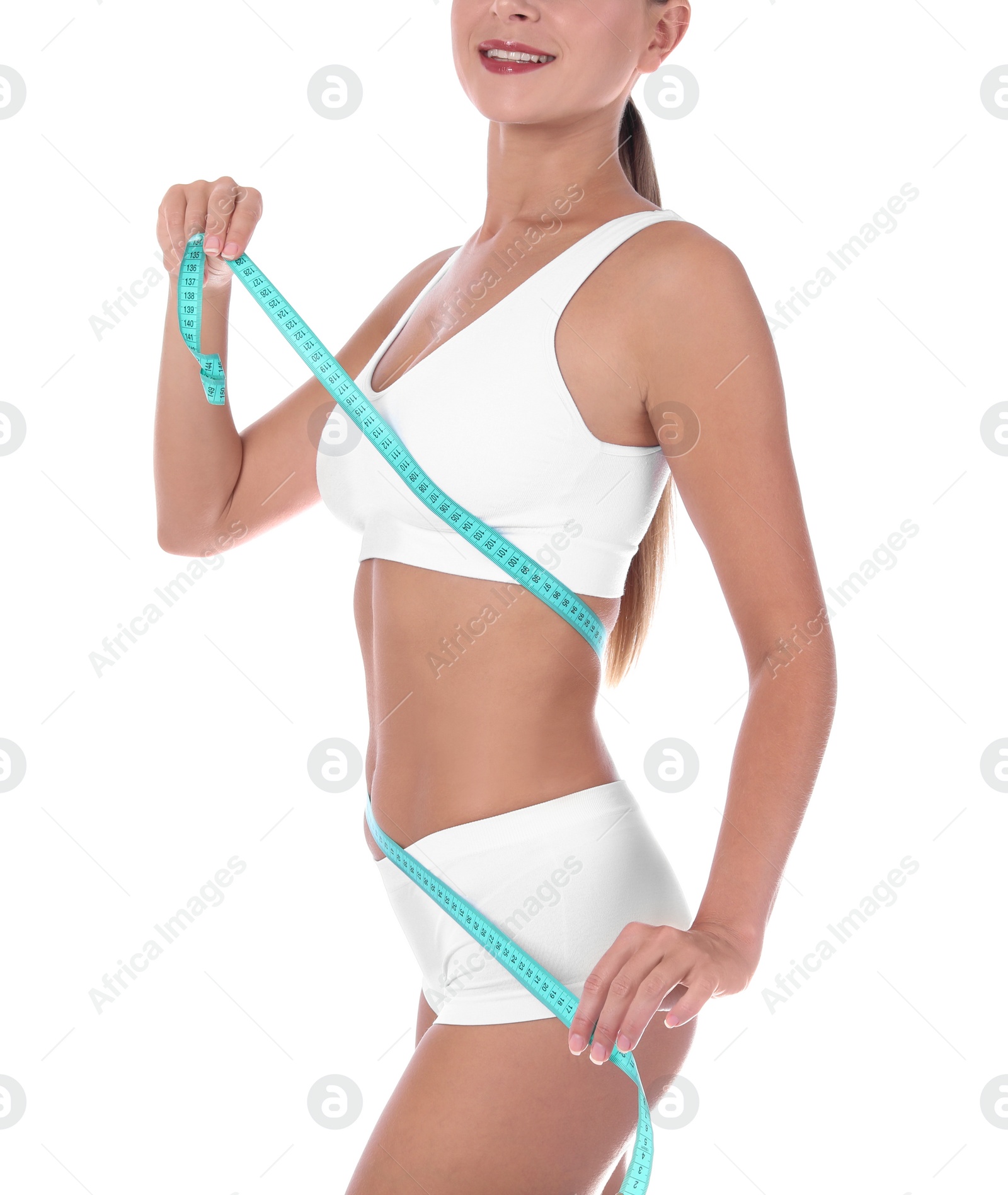 Photo of Slim woman with measuring tape on white background. Healthy diet