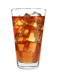 Photo of Glass of tasty iced tea on white background