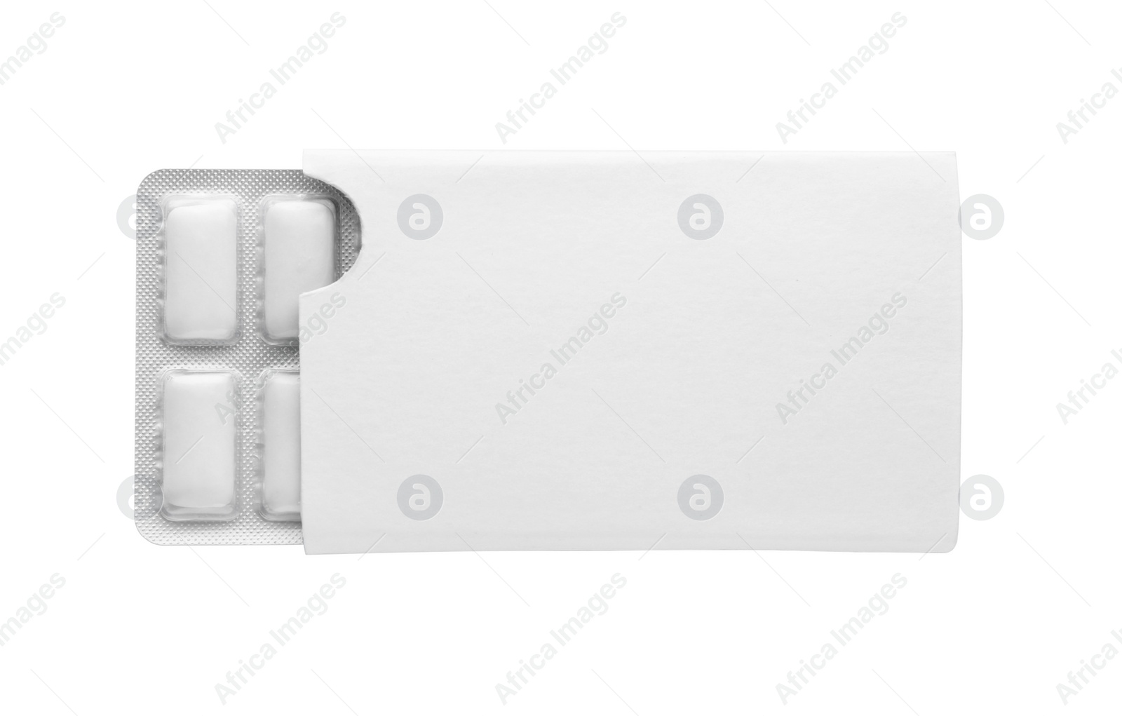 Photo of Blister with chewing gums on white background, top view