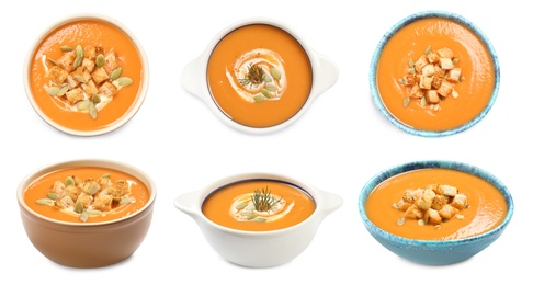 Image of Set of fresh pumpkin soups on white background, top and side views