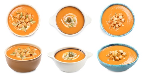 Set of fresh pumpkin soups on white background, top and side views