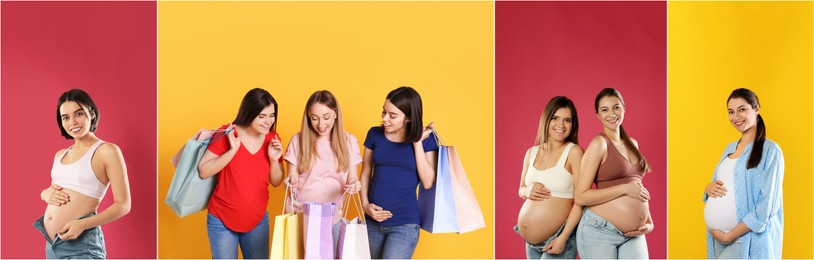 Image of Collage with photos of happy pregnant women with shopping bags on different color backgrounds. Banner design