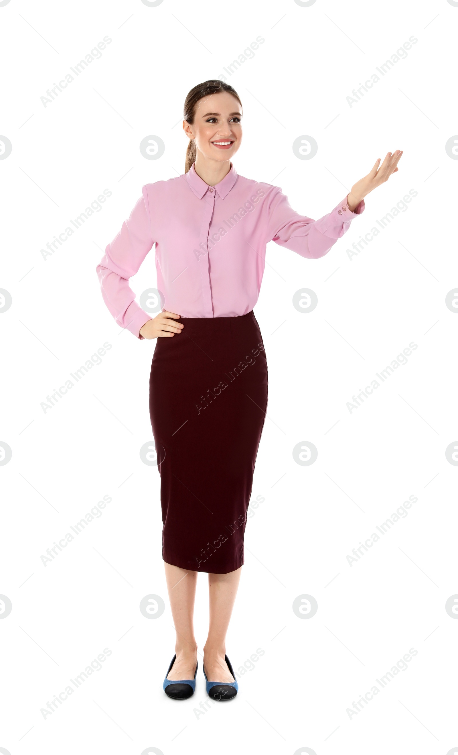 Photo of Full length portrait of young female teacher on white background