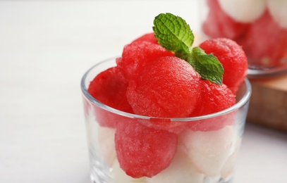 Photo of Bowl with melon and watermelon balls, closeup