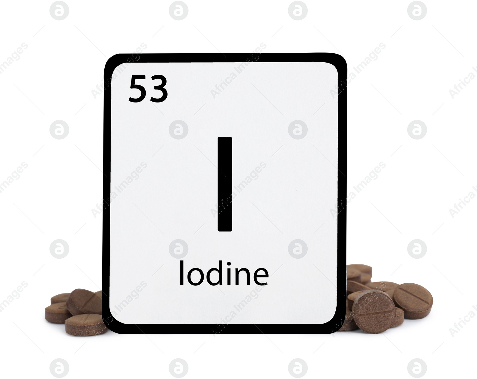 Photo of Card with iodine element and pills isolated on white