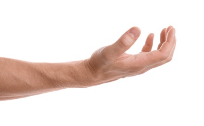 Photo of Man holding something in hand on white background, closeup