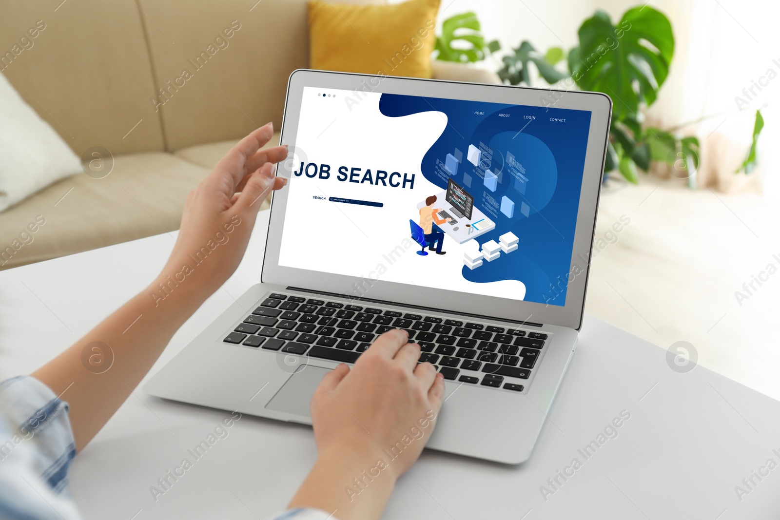 Image of Woman working with modern laptop at white table indoors, closeup. Job search