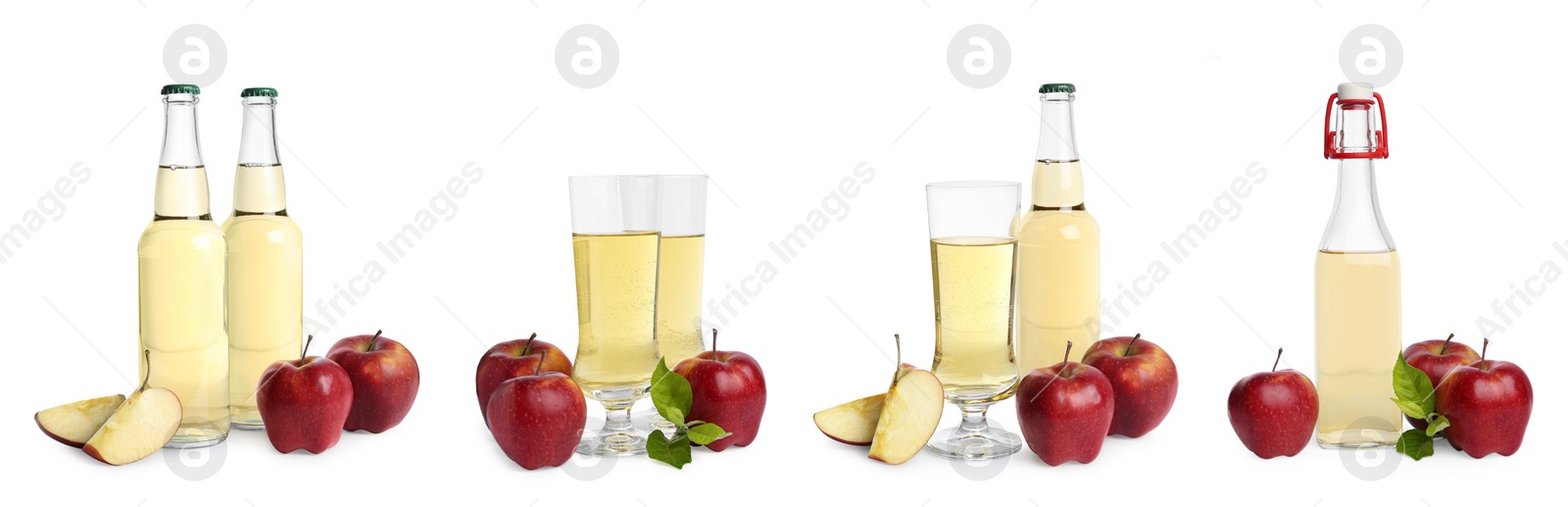 Image of Set with tasty apple cider and fresh fruits isolated on white