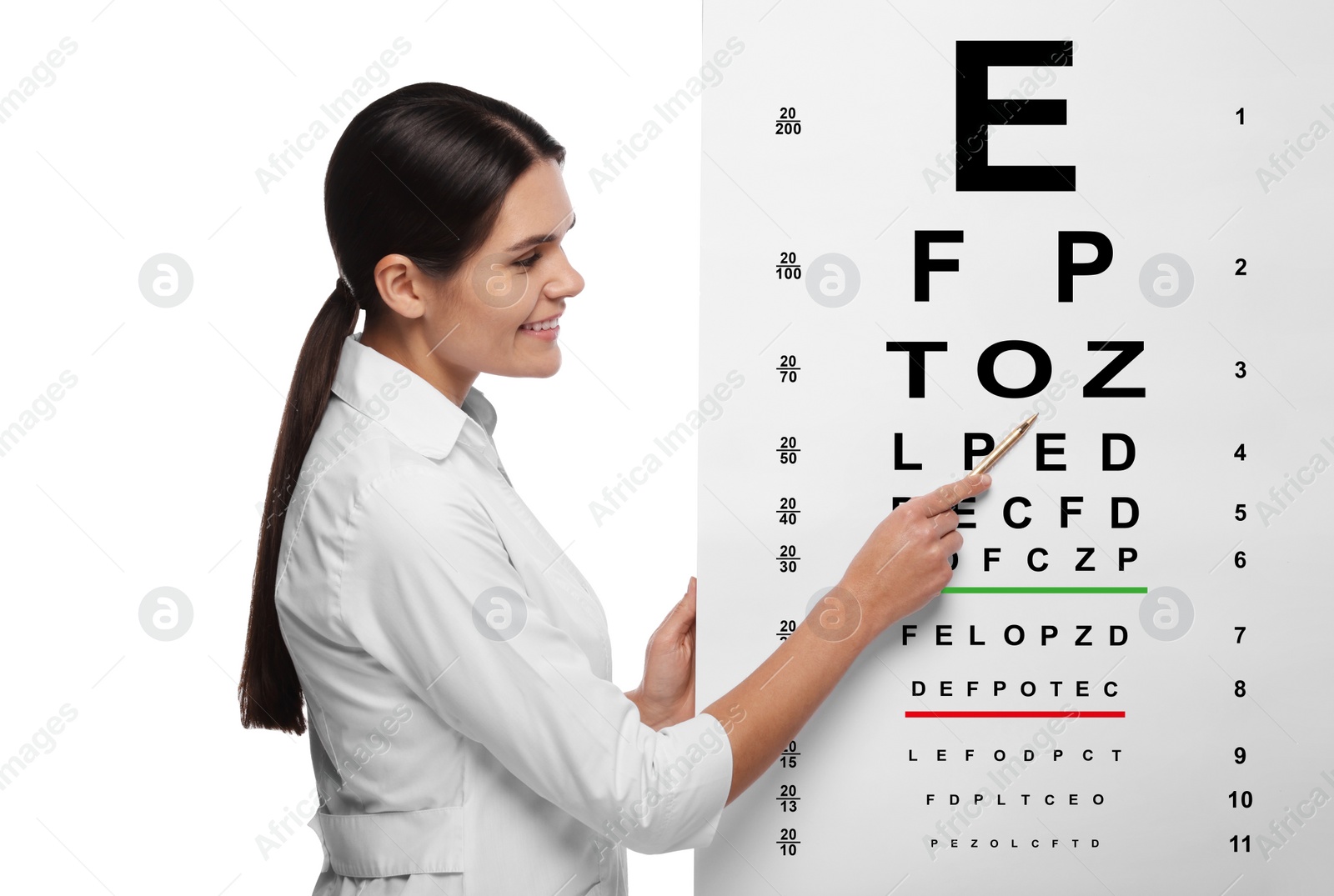Image of Ophthalmologist pointing at vision test chart on white background