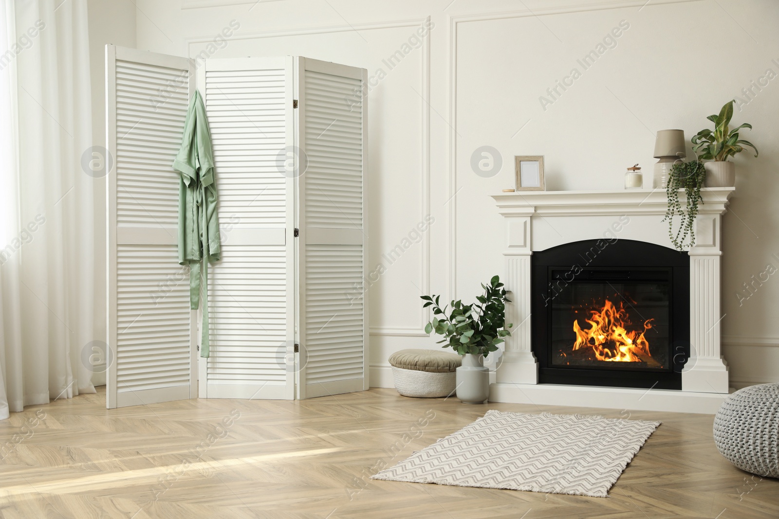 Photo of Stylish room with folding screen and fireplace. Interior design