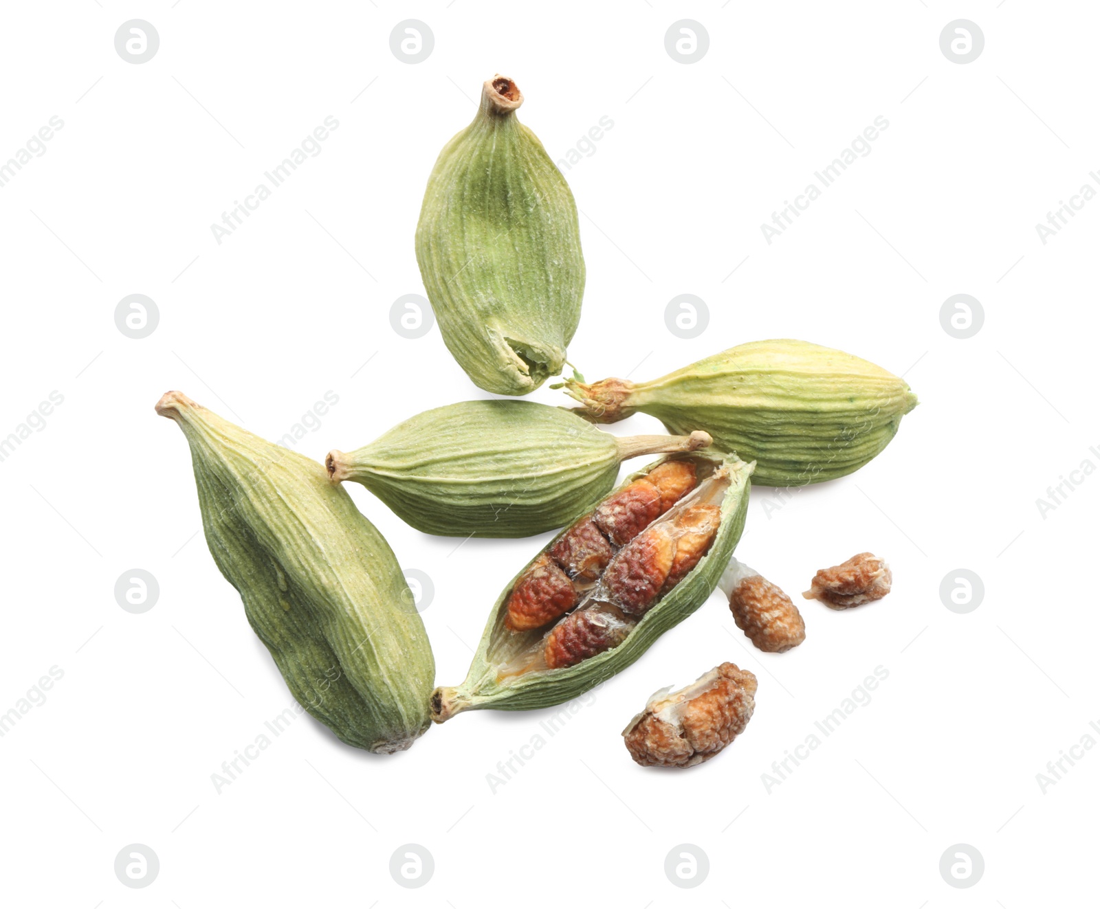 Photo of Dry green cardamom pods on white background, top view