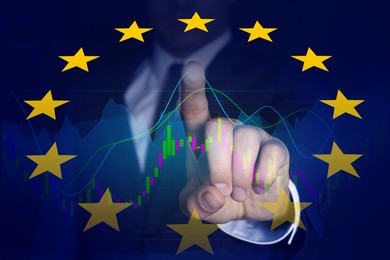 Image of Stock exchange. Double exposure with European flag and man using digital screen with trading graphs