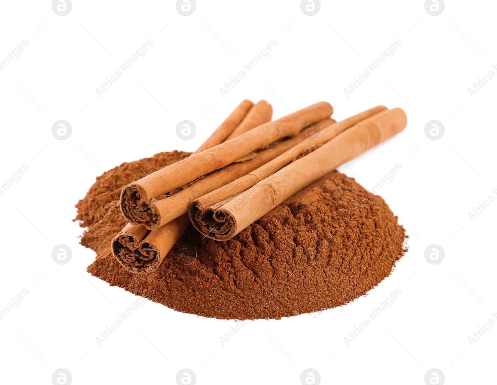 Photo of Aromatic cinnamon sticks and powder on white background