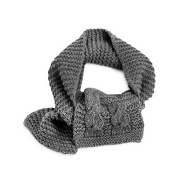 Photo of One grey knitted scarf on white background, top view