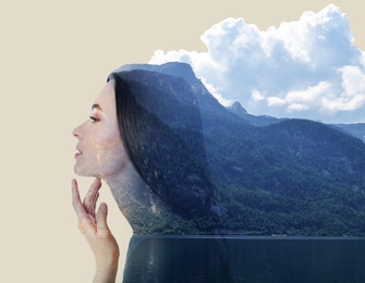 Image of Picturesque mountain landscape and beautiful woman on beige background. Double exposure