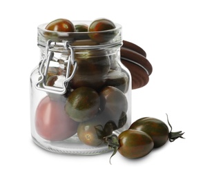 Photo of Pickling jar with fresh ripe tomatoes isolated on white