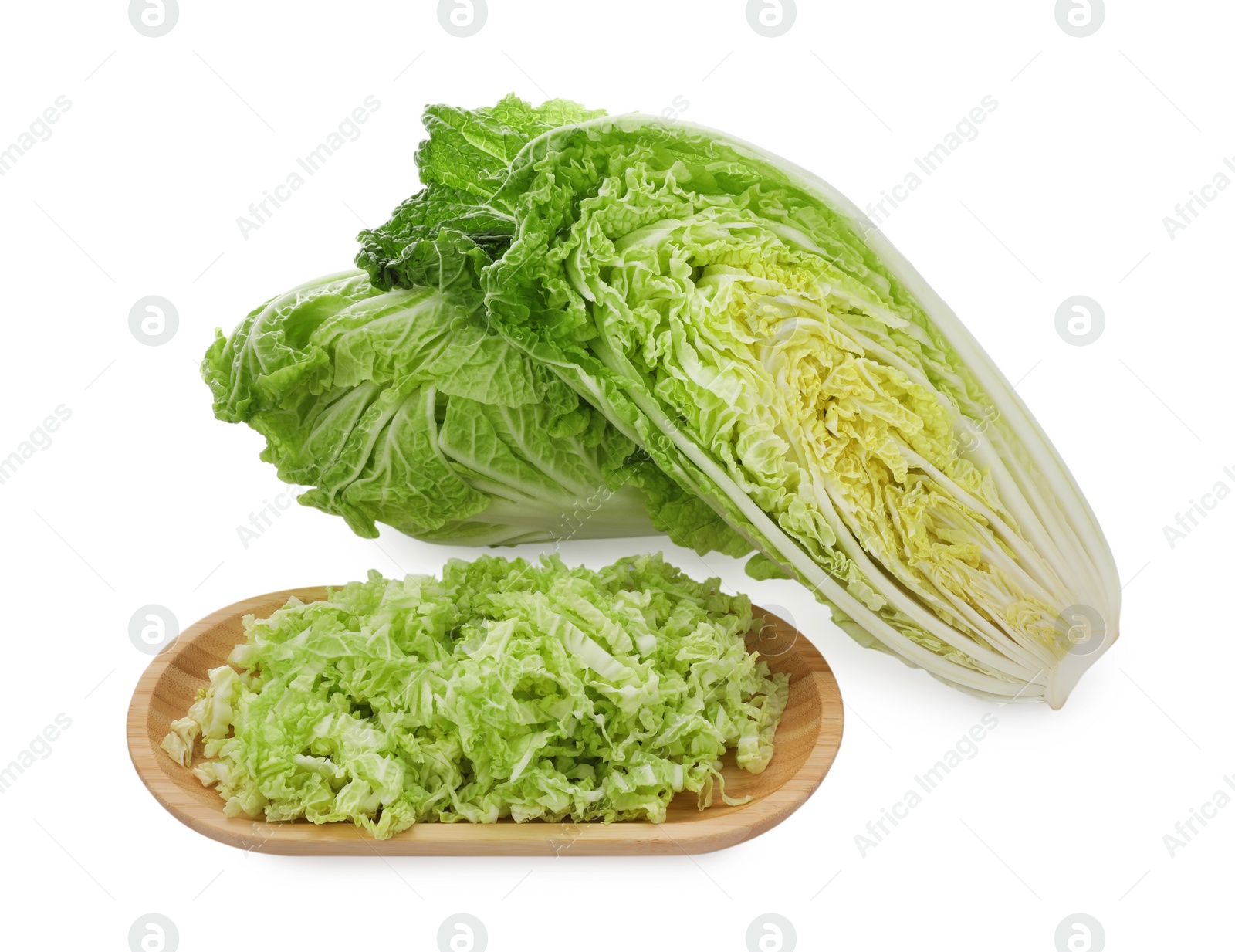 Photo of Cut fresh ripe Chinese cabbages on white background