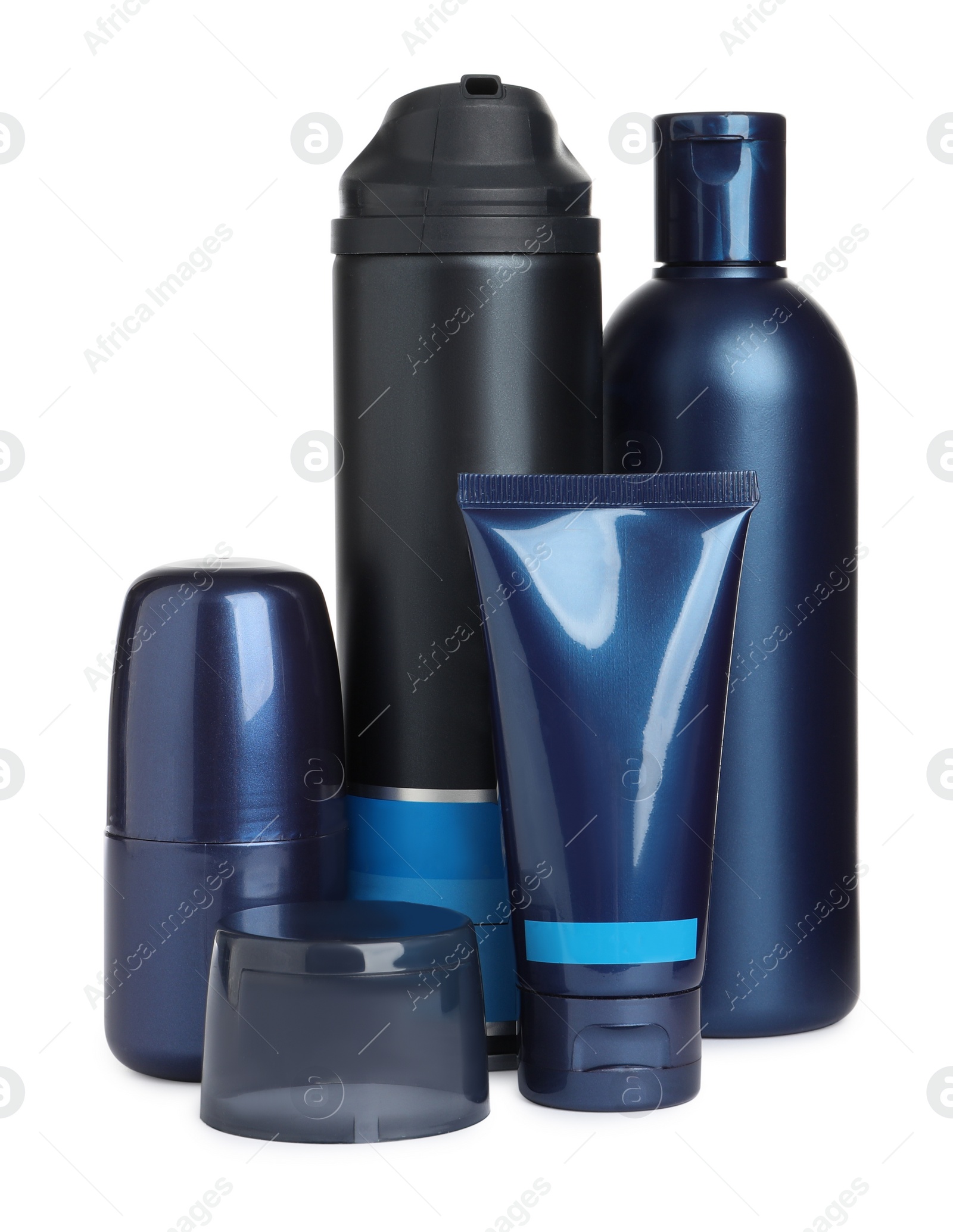 Photo of Facial cream and other men's cosmetic on white background. Mockup for design