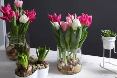 Photo of Beautiful tulips with bulbs on white wooden table