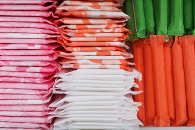 Photo of Lots of different feminine hygiene products, top view