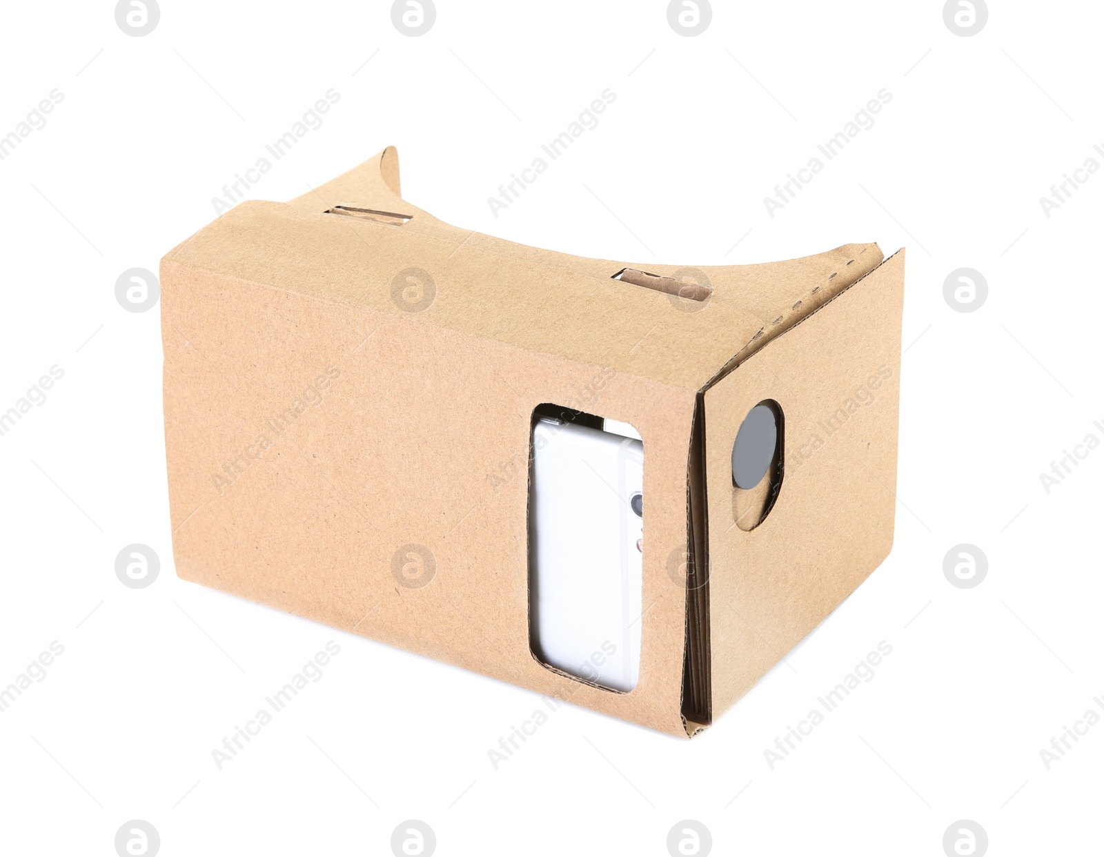 Photo of Cardboard virtual reality headset and smartphone on white background