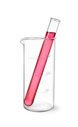 Glass beaker and test tube with red liquid isolated on white
