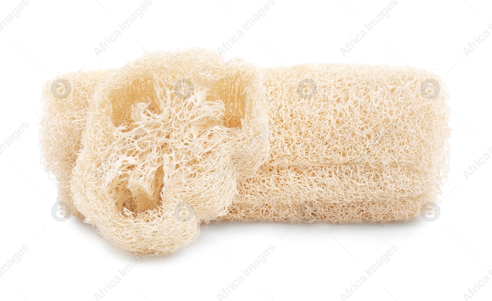 Photo of Loofah sponges isolated on white. Personal hygiene product