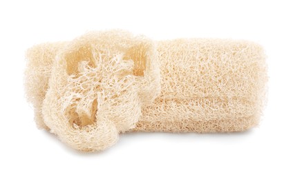 Photo of Loofah sponges isolated on white. Personal hygiene product