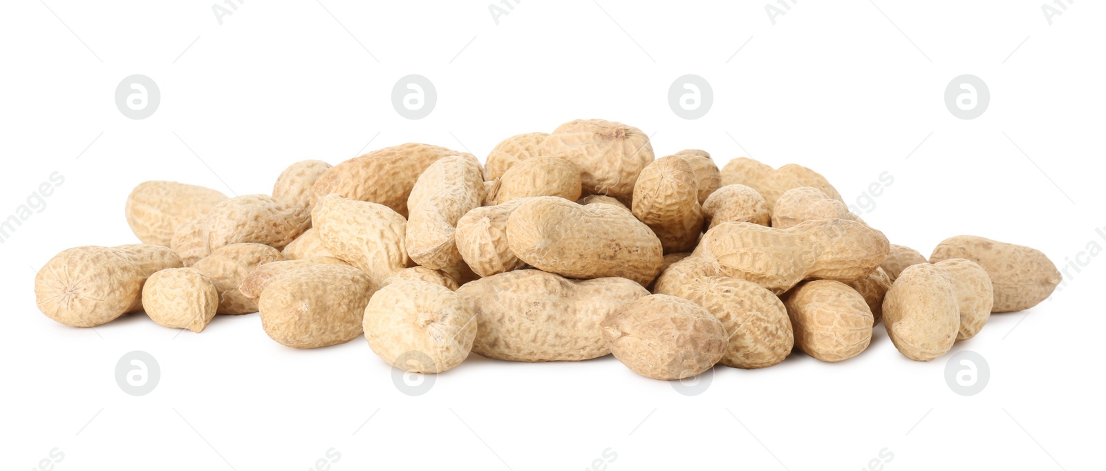 Photo of Pile of fresh unpeeled peanuts isolated on white