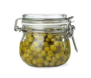 Photo of Jar with pickled peas on white background