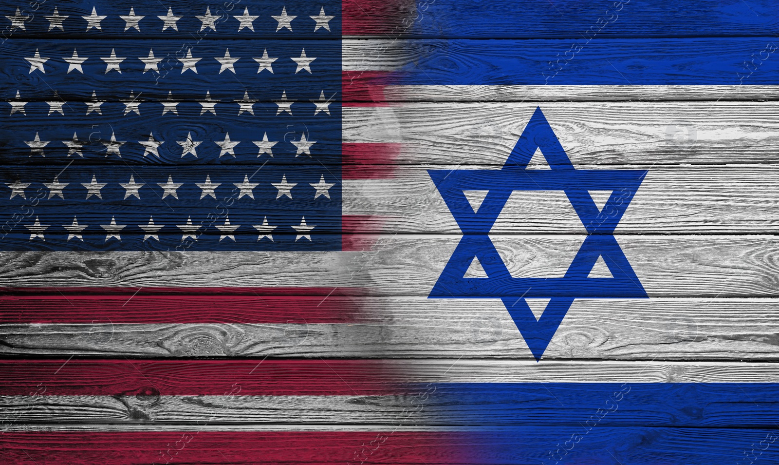 Image of International relations. National flags of Israel and USA painted on wooden surface, banner design