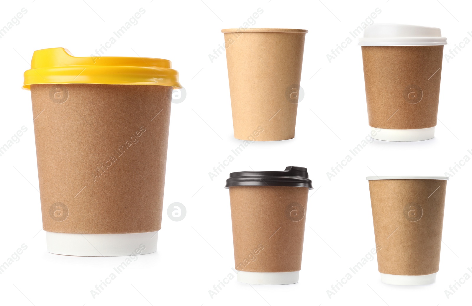 Image of Set with different paper coffee cups on white background 