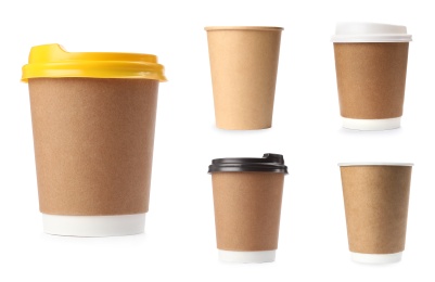 Image of Set with different paper coffee cups on white background 