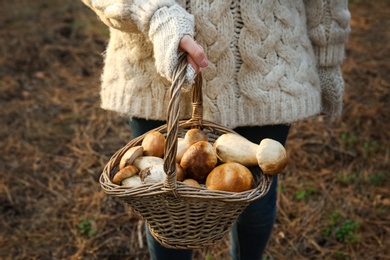 Photo of Woman holding basket with porcini mushrooms in forest, closeup