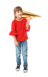 Photo of Cute little girl with megaphone on white background