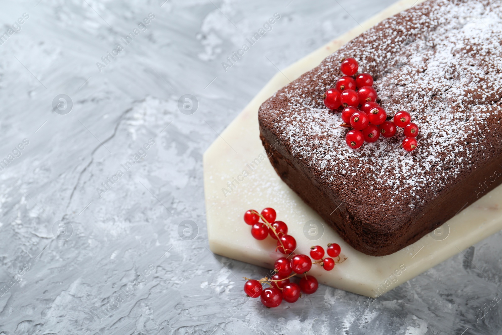 Photo of Tasty chocolate sponge cake with powdered sugar and currant on light grey textured table, closeup. Space for text