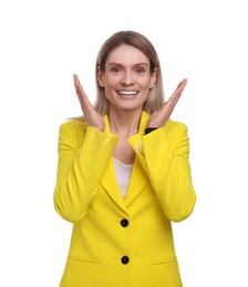 Photo of Beautiful happy businesswoman posing on white background