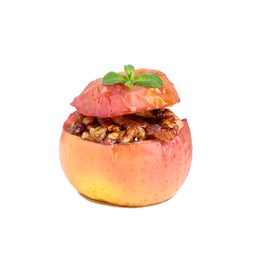 Photo of Tasty baked apple with nuts, honey and mint isolated on white