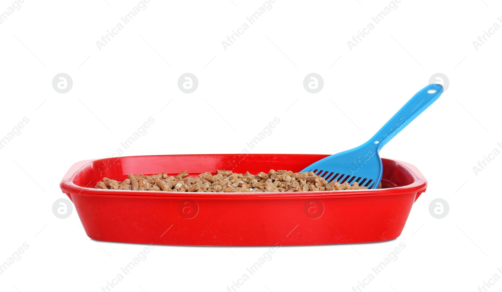 Photo of Cat toilet with scoop on white background. Pet care