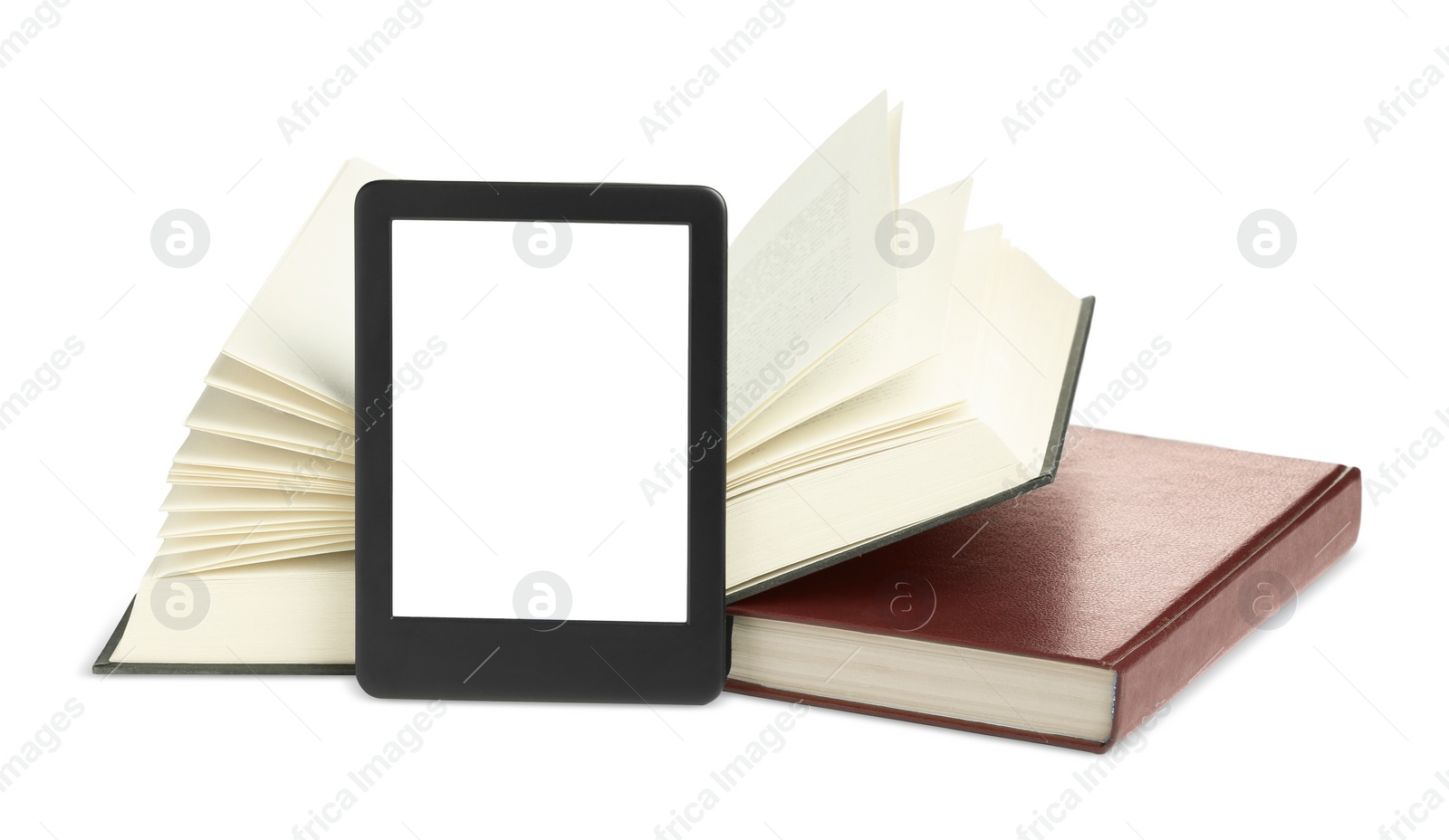 Photo of Hardcover books and modern e-book isolated on white