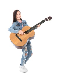 Little cheerful girl playing guitar, isolated on white