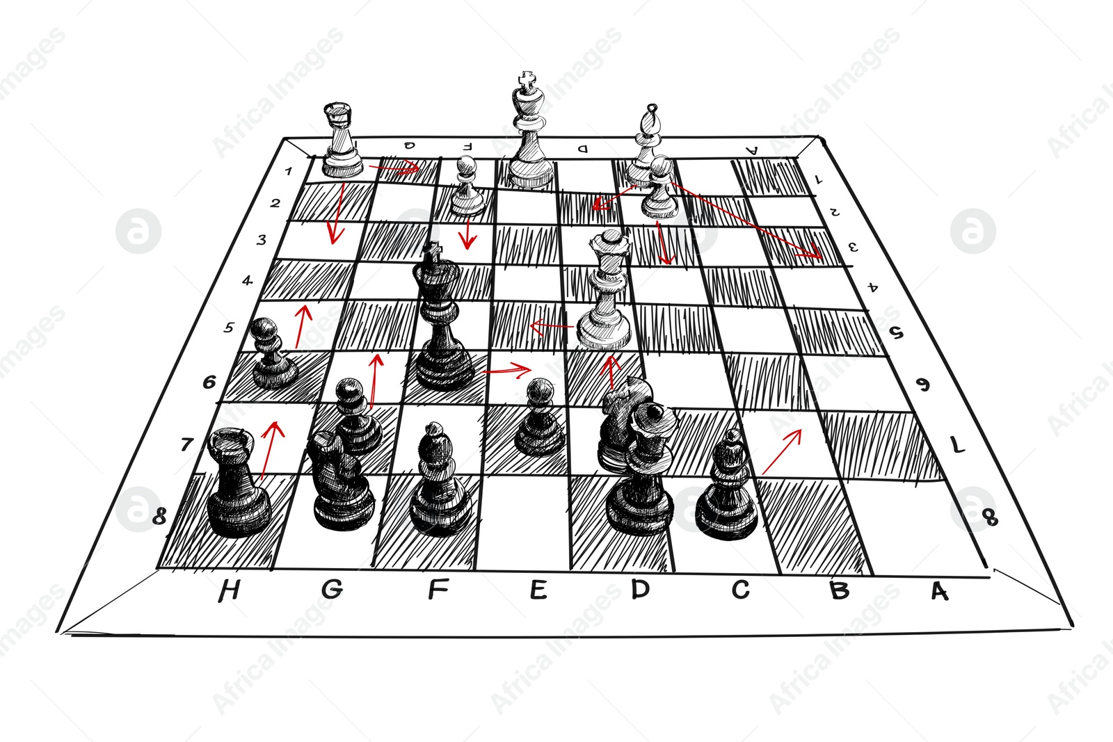 Illustration of  board with chess pieces. Strategy for winning