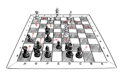Illustration of Illustration of board with chess pieces. Strategy for winning