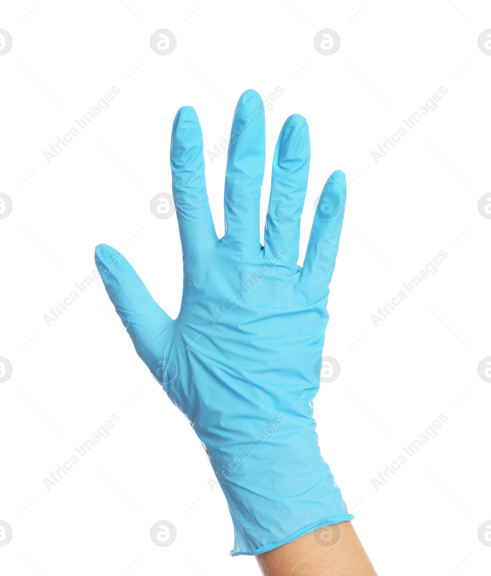 Photo of Doctor wearing medical gloves on white background, closeup