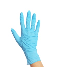 Doctor wearing medical gloves on white background, closeup