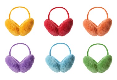 Image of Set with different colorful soft earmuffs on white background