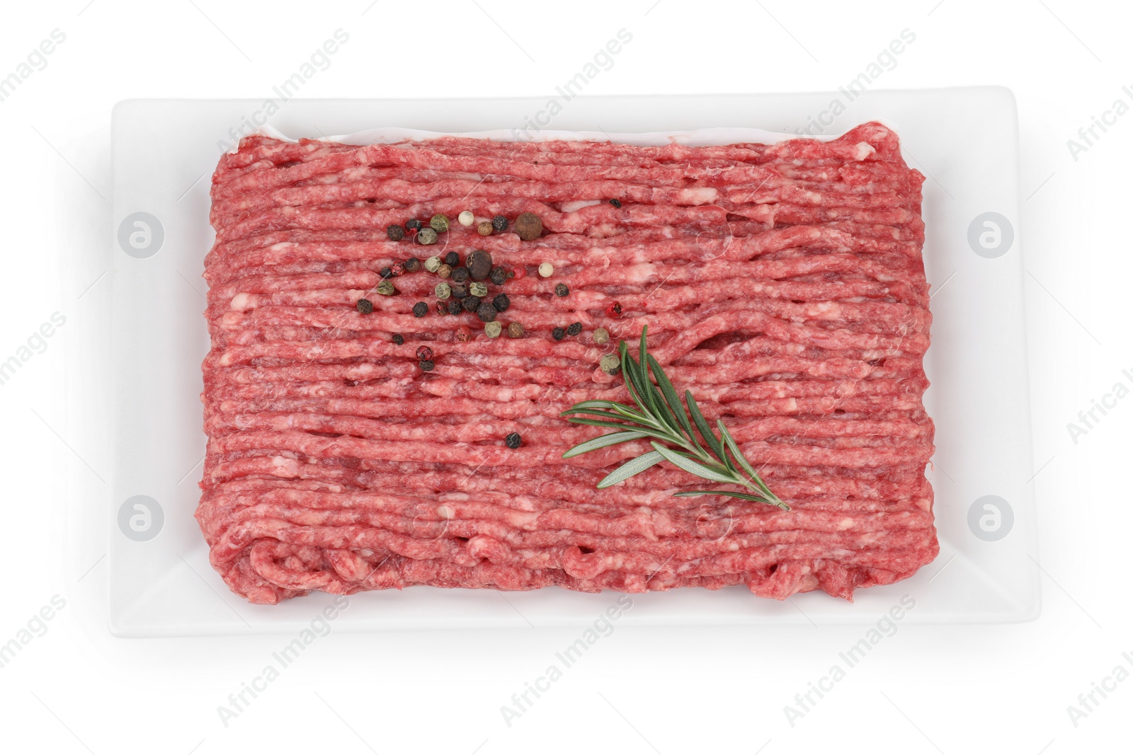 Photo of Raw ground meat, rosemary and peppercorns isolated on white, top view