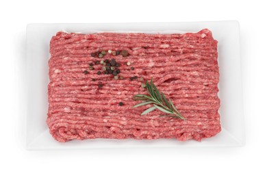 Photo of Raw ground meat, rosemary and peppercorns isolated on white, top view