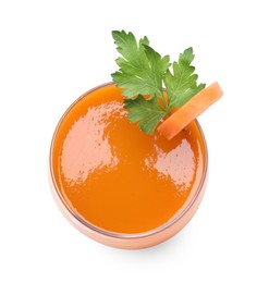 Glass of carrot juice on white background, top view